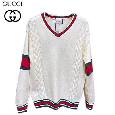 GUCCI-08295 구찌 화이트 니트 Web 스트라이프 장식 V 넥 스웨터 남여공용