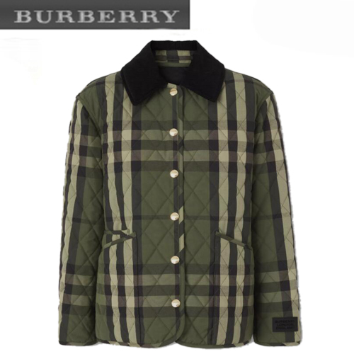 BURBERRY-80431991 버버리 밀리터리 그린 다이아몬드 퀼팅 체크 울 블렌드 재킷 여성용