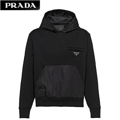 PRADA-UJL172 프라다 블랙 코튼 나일론 디테일 후드 티셔츠 남성용